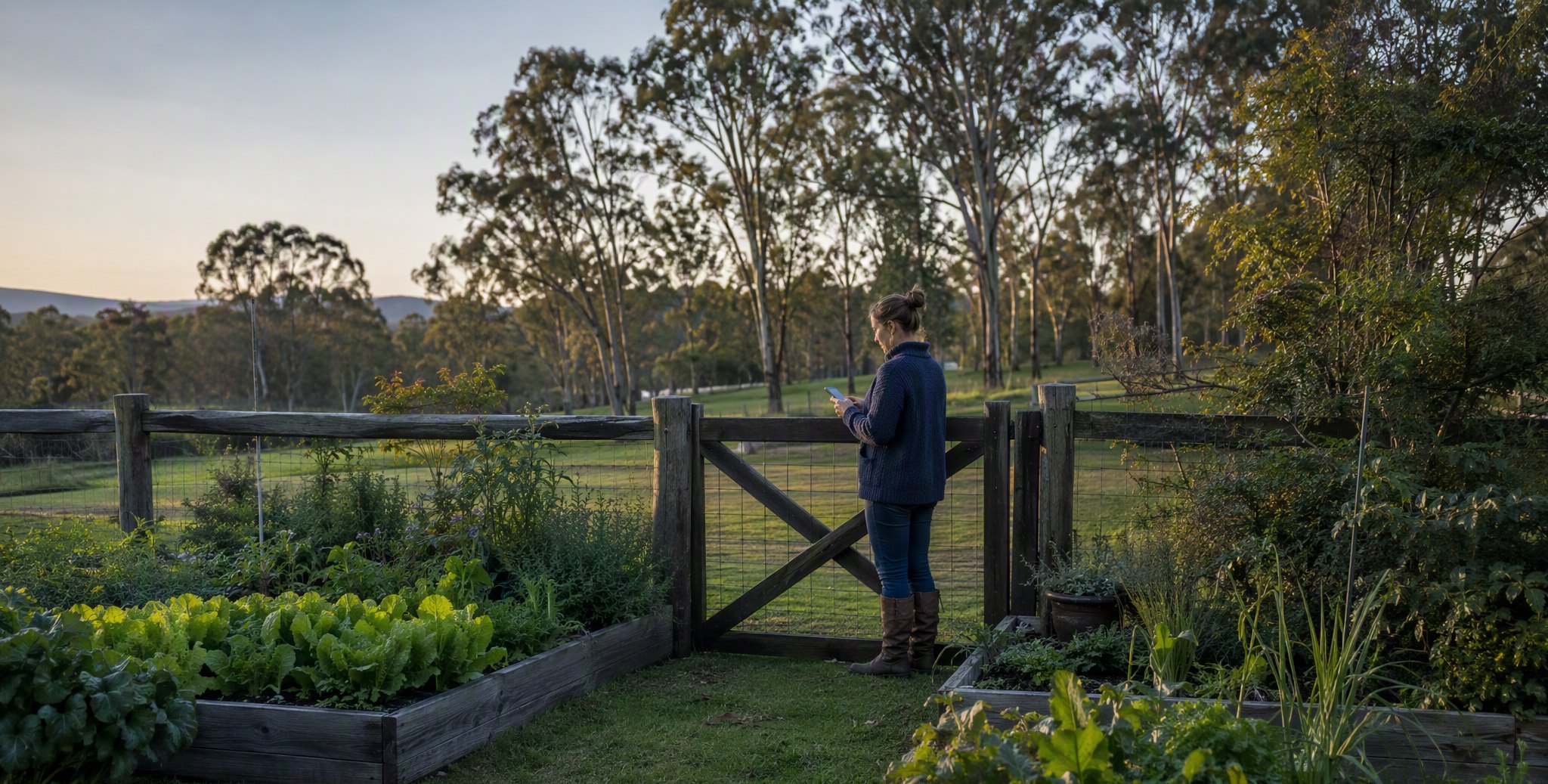 Raised vegetable beds beside a timber garden gate in soft Australian morning light